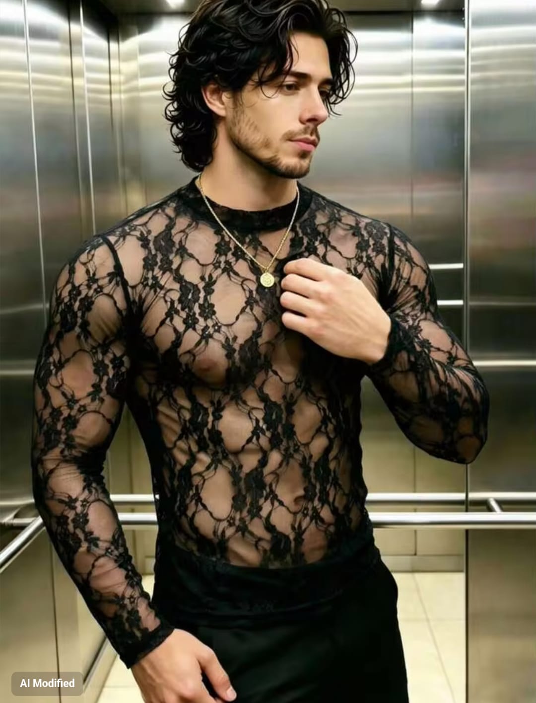 Men's High-Stretch Sheer Floral Lace Crewneck Long Sleeve Fitted T-Shirt